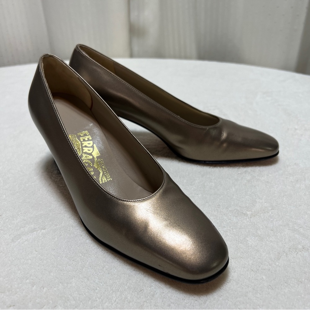 Vintage Salvatore Ferrgamo Muted Gold Pointed Square Toed Heels